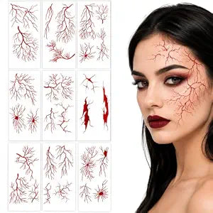 10Ps Halloween Red Vein Face Temporary Tattoos for Halloween Cosplay Makeup