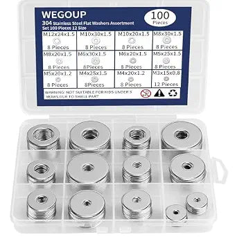 WEGOUP 100Pcs Flat Washers for Screws, 304 Stainless Steel M3-M12 Assorted