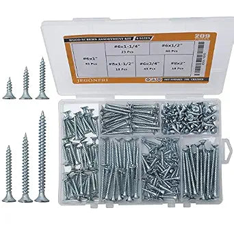 JEGONFRI 209PCS Wood Screw Assortment Kit, 6 Sizes Flat Head Phillips
