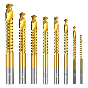 8 Pack Titanium Coated HSS Twist Drill Bits, 3-10mm Serrated Side Cutting Drill Bit, Hex Shank Serrated Cutting Drill Bits, Drill Bit Woodworking Tools, Hole Holesaw Tool for Plastic Metal Wood Hole