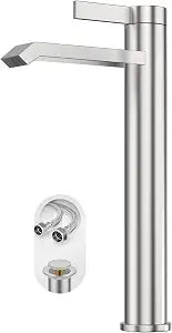 Phiestina Brushed Nickle Single Hole Tall Bathroom Bowl Faucet, Single Handle Above Counter Sink Bathroom Vessel Faucet with Waterfall,Pop Up Drain and Water Supply Line,FH04-BN-V