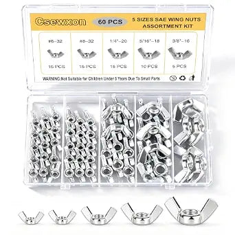 60pcs Wing Nuts Assortment, Carbon Steel Hand Tighten Fasteners