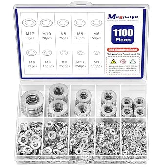 1100 Pcs Flat Washers Assortment Kit  304 Stainless Steel, 9 Metric Sizes (M2M12), Metal Washers for Screws and Bolts  Ideal for Automotive, Construction, Industrial, and DIY Use