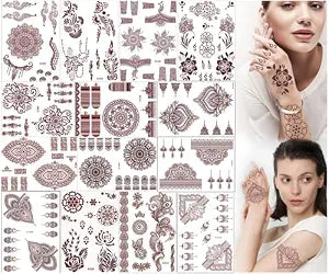 14 Sheets Henna Tattoos Temporary Stickers 10Pcs Brown Tattoo Templates Women Body Art Stickers for Wedding Party (Brown)