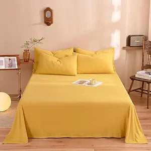 Mengersi Jersey Knit Cotton Sheet Set - 100% Cotton Jersey Flat, Fitted Sheet, Pillowcases with Deep Pockets (Yellow, Twin)