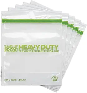 REUSABLE STORAGE BAGS by Smelly Proof, Large HEAVY DUTY 5-mils US-Made BPA FREE, NO PEVA, Dishwasher-Safe Reusable Freezer Bags CLEAR FLAT Quart 10" x 8.5" 5pk