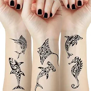 Tribal Marine Temporary Tattoos - 12 Sheets Ocean Fake Tattoo Waterproof
