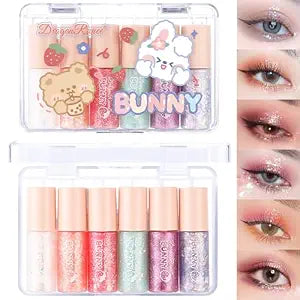 6 Pcs Liquid Glitter Eyeshadow Set Colorful Eyeliner with Long-Lasting and Waterproof Shinning Eye Shadow Gift for Women Eye Makeup (Transparent Bear)