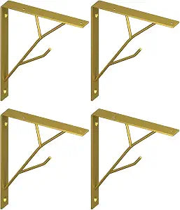 Mocomax 8 Inch Decorative Shelf Brackets, Heavy Duty Floating Shelves, Wall Mount Shelving Bracket, Hardware L Shape Tree Branch Metal Corner Brace Supporter for DIY Open Shelving, 4 Packs Gold