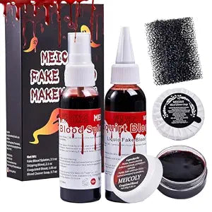 MEICOLY 5PCS Halloween Fake Blood Makeup Kit,Special Effects SFX Makeup for Zombie Vampire Monster Cosplay,2.1oz Fake Blood Spray+2.1oz Dripping Blood+Coagulated Blood+Cleansing Soap+Stipple Sponge