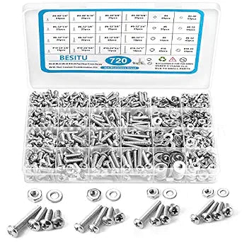 720Pcs Machine Screw Assortment Kit, #10-24#8-32#6-32#4-40 Phillips Pan Head Assorted Nuts Bolts and Flat Washers Kit, Stainless Steel Screws Hardware Assortment with Case