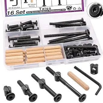 Taiss 16 Set Crib Screws M6x20mm/ 40mm/ 60mm/ 80mm Baby Bed Crib Bolts Hardware Replacement Kit,Hex Socket Cap Screws Bolt,Barrel Nuts&Dowel Pins for Beds Furniture
