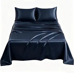 JUWENIN Silky Soft Solid Matte-Satin Hotel Luxury Silky Bed Sheet Sets Shiny-Free,Deep Pocket t Fitted Sheet, Flat Sheet, Pillow Cases (Queen, Navy)