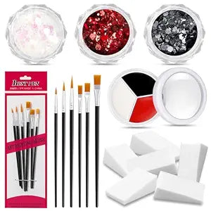 16 Pcs Halloween Makeup Kit Red White Black Face Paint Kit with Glitter Makeup Brush Sponges for Halloween Cosplay Party Supplies
