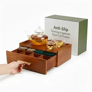 Tea Bag Organizer for Counter  Easy Pull Drawer, Anti-Slip Pads, Wooden Tea Organizer, Teabag Holder, 8 Compartments Drawer Storage, Flat Top Tea Station, Tea Box for Standard & Premium Bags
