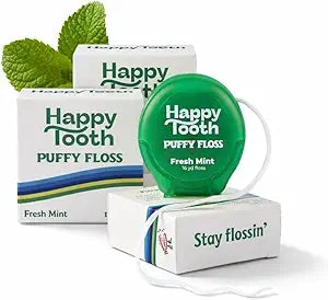 Happy Tooth Dental Floss, Natural Floss for Daily Dental Hygiene, Expanding String Floss for Tight Spaces Between Teeth, with Hydroxyapatite and Mint Flavor Tooth Cleaning Routine, 3 Pack