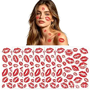 JUNEBRUSHS 180Pcs Halloween Lip Tattoos, Red Lip Temporary Tattoos for Face and Body Waterproof Glitter Kiss Mark Tattoo Stickers for Adult Halloween Costume Vampire Cosplay Party