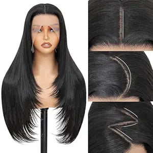 Synthetic Lace Front Wig 13x4 HD Lace Layered Hairstyle Pre Plucked Hairline Straight Long Black Glueless Wigs for Black Women 26 Inch Beginner Friendly