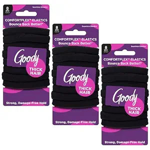 Goody ComfortFlex Seamless Thick Hair Elastics, Black, No Slip Grip Ouchless Ties with All Day, Gentle Hold, Ponytail Holders for Damage-Free Styling, 8 Count (Pack of 3)