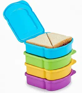 4 Pack - Fun Size Sandwich Containers - Connected Lid Assures Top & Bottom Always Make it Home. Reusable, BPA Free Plastic - Sandwich Box - Use for Fruit, Salad, Lunch Box Snacks and Food Storage