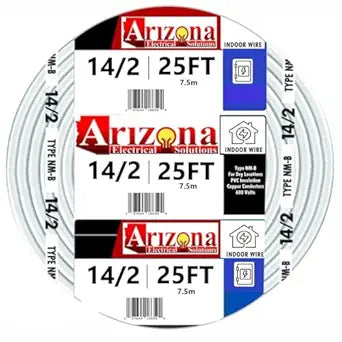 Arizona Electrical Solutions 25 Ft 14/2 NM-B Copper Wire, 14 AWG 2 Conductor with Ground, 600V White Non-Metallic Sheathed Cable for Indoor Residential Electrical Wiring