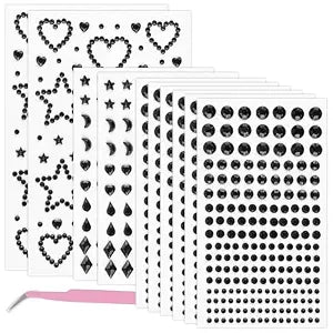 1620Pcs Black Face Gems Hair Gems Set, Self-Adhesive Face Jewels Rhinestones, Mixed Shape & Size DIY Face Gems Stick on, Hair Body Rhinestones Tattoo Rave Accessories for Eyes Makeup, Nail Art, Crafts