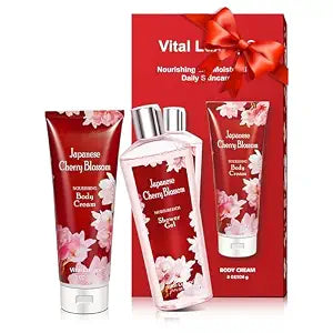 Japanese Cherry Blossom Bath and Body Shower Gel and Body Cream Set - Nourishing and Moisturizing Daily Skincare - 8 fl.oz / 236mL Each (2-Piece Bundle)
