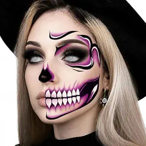 Halloween Face Tattoos Temporary Black Tattoo for Men and Women, Adult, Skeleton Mouth White Teeth Decals Eye Sticker, Horror Zombie Witch Makeup Kit, Purple 4 Sheets