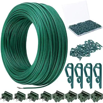 Fovths Christmas SPT-1 Electric Wire Set 60 Ft SPT-1 Zip Cord Wire 4 Male and 4 Female Vampire Plugs with Light Clips Green Electrical Light End Plug for Xmas Holiday Outdoor Indoor Lighting