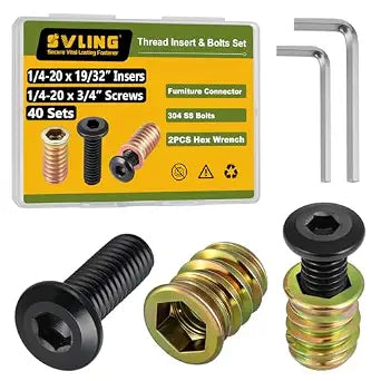 Threaded Inserts and Bolts Set, 40 Sets, 1/4-20 x 19/32" Threaded Inserts for Wood, 1/4-20 x 3/4" Furniture Screws, 1/4 Bolt Flat Head 304 Stainless Steel, Hex Socket Drive, 2Pcs Hex Wrench