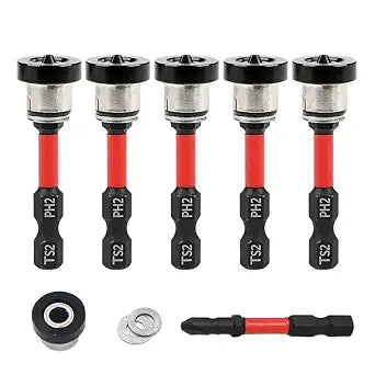 5pcs TEURSA  Magnetic Drywall Screw Setter Bits  Adjustable Depth PH2 Positioning Bits with Removable Aluminum Collar, S2 Steel Hex Shank for Sheetrock and Plasterboard Screws (5pcs 2")