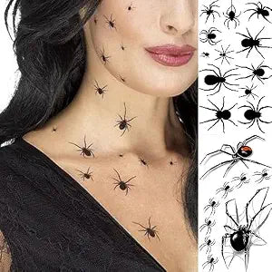10 Sheets Halloween Temporary Tattoos for Women Men, Horror Black Skull Ghost Spider 3D Fake Tattoos Sticker for Boys Girls Day of The Dead Tattoos Decals Accessories for dia de los muertos Party