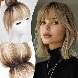 EMMOR Clip in Bangs, 100% Human Hair Bangs with 3 Non-slip Clips, 360°Cover Top HairPieces with 5 inch Wispy Fringes for enhancing Women's Facial Features(Ombre Ash Blonde)
