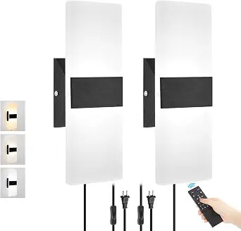 Plug in Wall Sconces with Adjustable 3000K-6500K Colors & 10%-100% Brightness, Wall Sconces Set of Two with Remote, 12W Acrylic LED Plug in Wall Light, Sconces Wall Decor Set of 2 (2 PACK,Black)