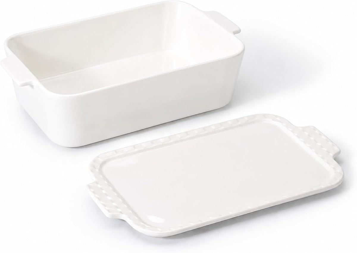 Samsle 9x6 Inch Small Ceramic Casserole Dish with Lid Deep for Oven,White