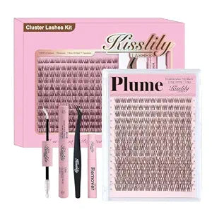 Plume Brown Lashes Natural Lash ClustersWith Invisible Band DlY Lash Extension Kit Eyelash Kit with Bond and Seal 8-16mm C Curl Beginner Individual Lashes Long lasting Makeup For Girl