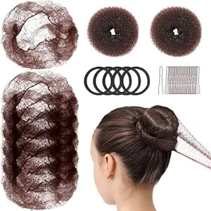 Teenitor Hair Net and Small Donut Bun Maker for Kids, 10 Pcs 30cm Invisible Hair Nets, 2 Pcs Hair Bun Maker with U Shaped Bobby Pins 20 Pcs and 5 Elastic Bands, Ballet Bun Kit, Dark Brown