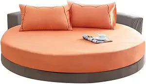 ShiningLove Bed Sheet Set Solid Color Pure Cotton Round Fitted Sheet Bed Cover Mattress Topper 200/220CM Wedding Housewarming Gift Orange Diameter 200cm Fitted Sheet