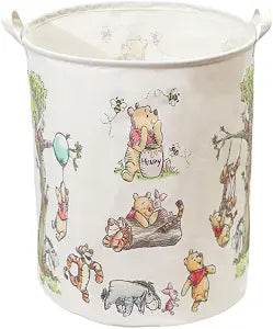 Oval Cute Bear Nursery Storage Basket With A Waterproof PE Coating, Foldable Large Canvas Laundry Hamper, Barrel Shaped Decorative Storage Baskets Suitable For Bathroom and Bedroom (White)