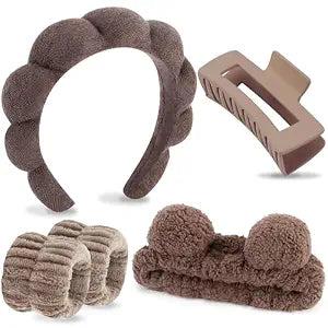 VELSCRUN Spa Headband, Makeup Face Wash Skincare Headbands, 5 Pcs Sponge Get Ready Bear Ears Hairband Facial Wristband Hair Clip Set, Stuff for Teen Girls Women Trendy Hair Accessories Dark Brown