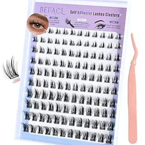 Self Adhesive Eyelash Clusters Press on Lash Clusters Pre glued Lashes Wispy Lash Extensions No Glue Needed Manga Lashes Clusters Natural Cluster Eyelash Extensions Kit with Tweezers (8-18mm,C Curl)