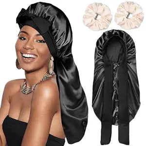 Silk Satin Hair Bonnet for Sleeping - Bonnets for Braids Black Women Curly Hair,Silk Hair Wrap Tie Band Long Big Silky Sleeping Cap with 2 Pcs Satin Scrunchies