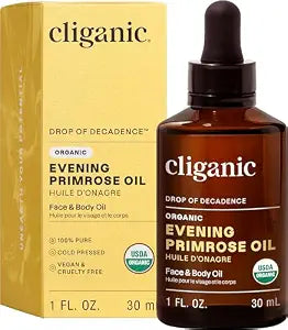 Cliganic Organic Evening Primrose Oil, 100% Pure (1oz) - For Hair & Face | Natural Cold Pressed Unrefined (Packaging May Vary)