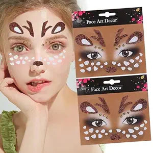 Christmas Reindeer Face Tattoos Glitter Temporary Tattoo Cute Deer Fake Tattoos Eyes Face Gems Stickers for Women Girls Christmas Halloween Holiday Party Supplies 2Pcs