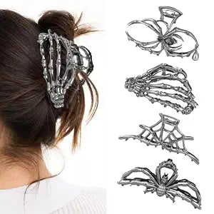 Spider Hair Claw Clips, 4 Pack Halloween Hair Accessories Gothic Black Metal Claw Clips for Women with Spider Skull Web Designs Goth Spooky Fun Style