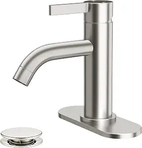 Fransiton Brushed Nickel Bathroom Faucet Single Hole with Pop-Up Bathroom Drain and Flexible Hoses Single Handle Bathroom Sink Faucet w/Deck Plate(1 or 3 Hole) for Vanity Sinks, RV, Farmhouse