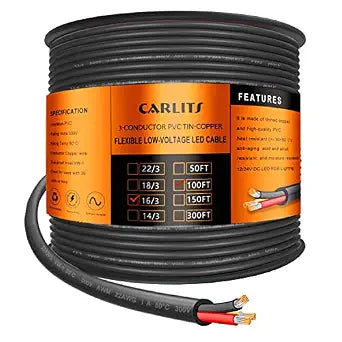 16 Gauge 3 Conductor Electrical Wire, 100FT 16 AWG Stranded Low Voltage 16/3 Cable Tinned Copper, Flexible Extension Power Cord for LED Lamp