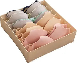 ALYER Collapsible Bra(A-C Cup) Drawer Organizer,Durable Cloth Storage Box Bins Dividers for Panties,Underwear,Socks,Lingerie(Beige-7 Cells)