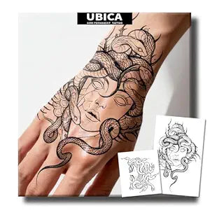 Semi Permanent Tattoo, 2 Sheets Realistic Medusa Designs Temporary Tattoo for Hand Arm, Mythology Adult Body Art Large Tattoos for Women Men Adults, Lasts 1-2 Weeks, Waterproof & Non-reflective