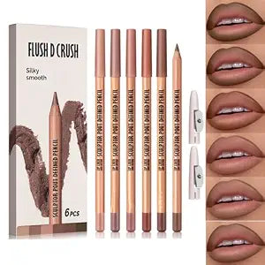 MOONGAZE 6-Color Velvet Matte Lip Liner Set with 2 Sharpeners, High-Pigment Waterproof Cream Pencils for Define & Fill, Long-Lasting Non-Smudging Natural Nude Brown Shades (Set 02#NUDE BROWN)